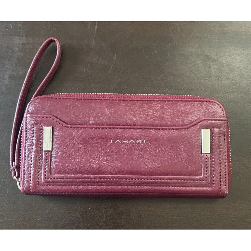 Tahari Women’s Burgundy Red Leather Zip Around Wristlet 8" x 4"
